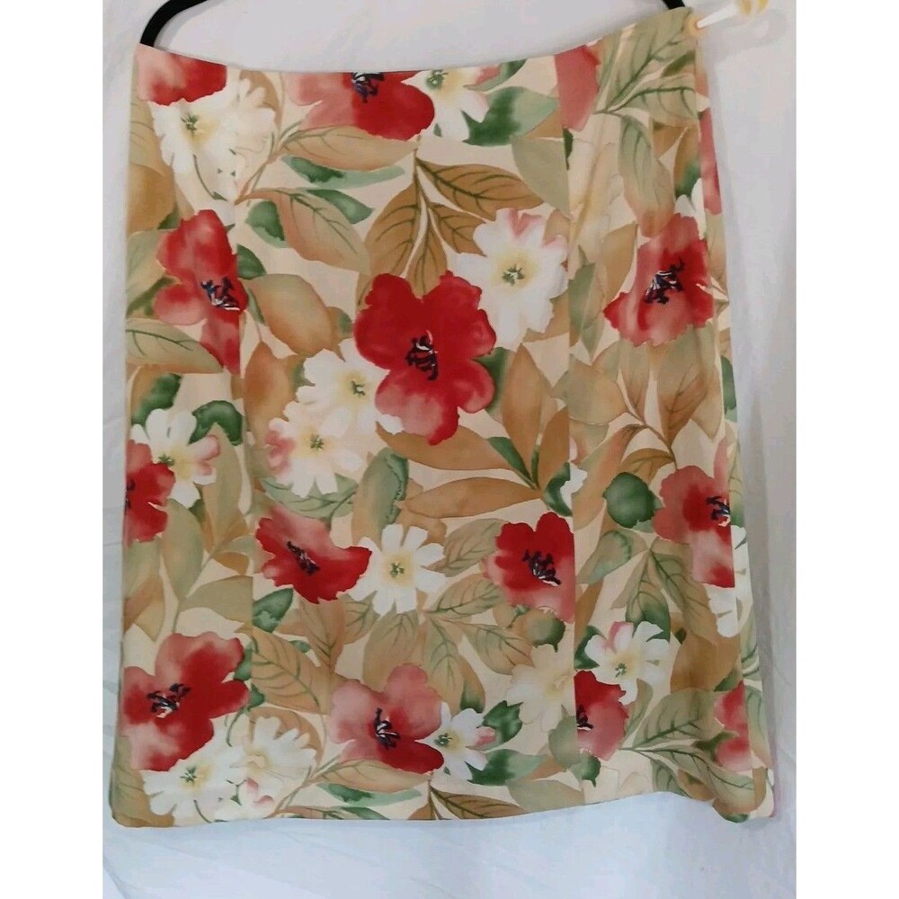 Talbots Silk/Cotton-Tans- Red- Floral Skirt W-18/ Side Zipper/ Lined-Fall Colors